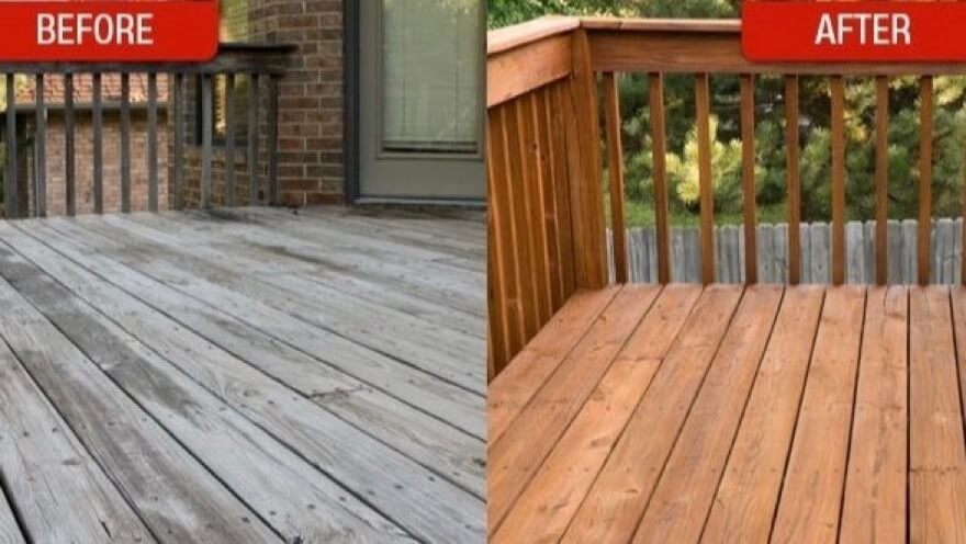 Left image is an old, worn deck. Right image is after repairs and stain have been applied by HPI